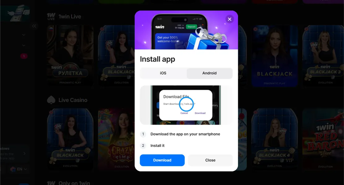 1Win Login on iOS App